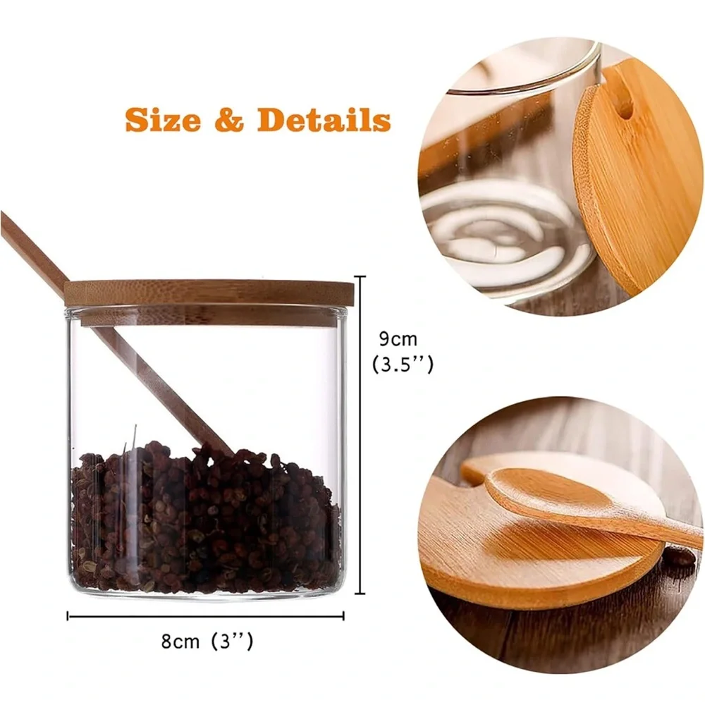 2 PCS Clear Glass Condiment Canister Set with Bamboo Lid & Spoon